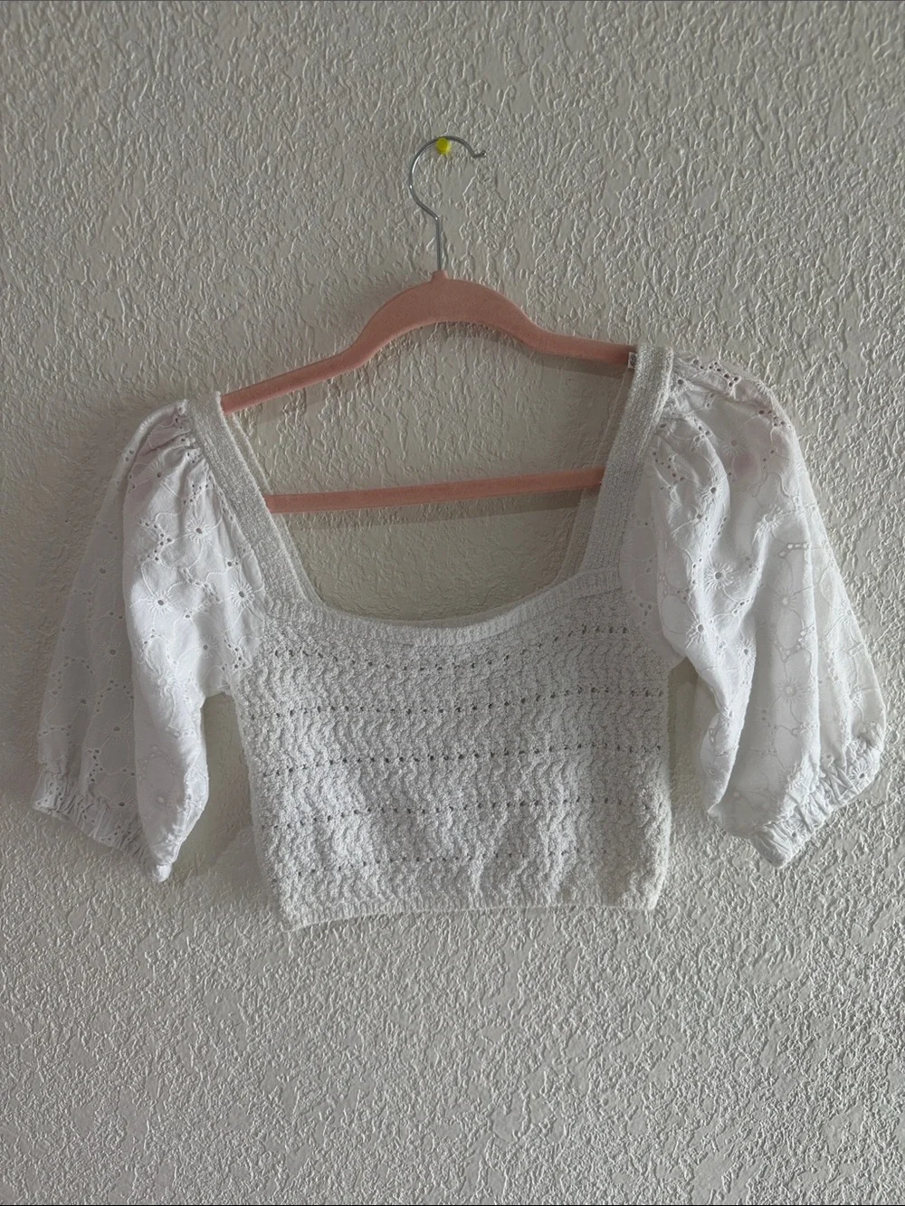 Zara White Puff Sleeve Crochet Crop Top